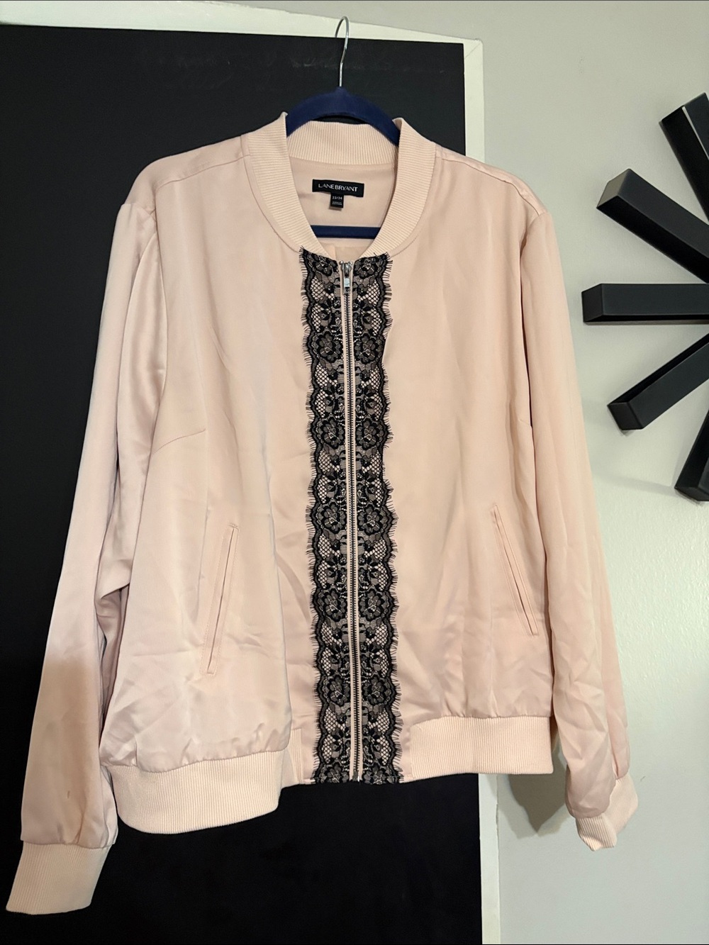 Lane Bryant Blush Pink Bomber Jacket with Black Lace Trim, sz22/24